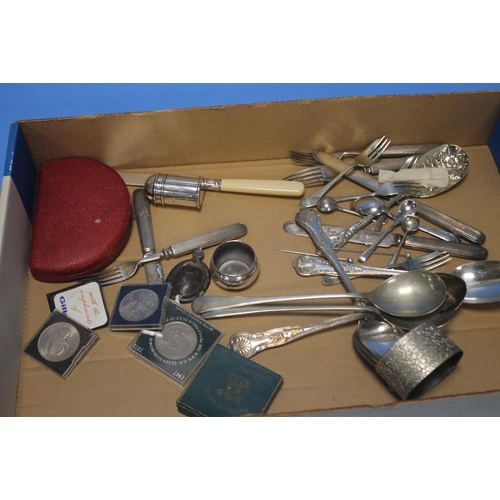 116 - A QUANTITY OF WHITE METAL FLATWARE, COINS ETC.