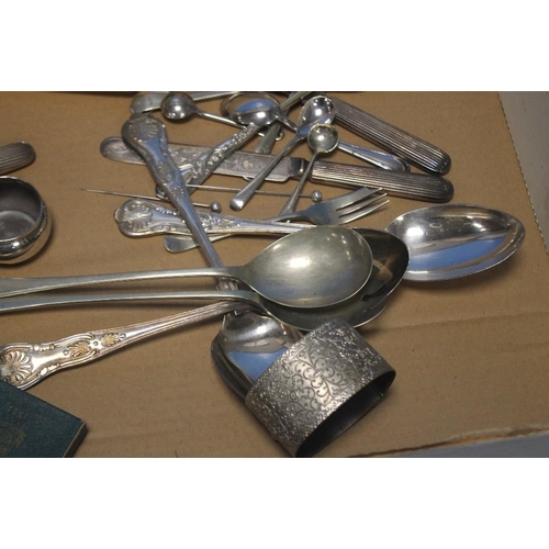 116 - A QUANTITY OF WHITE METAL FLATWARE, COINS ETC.