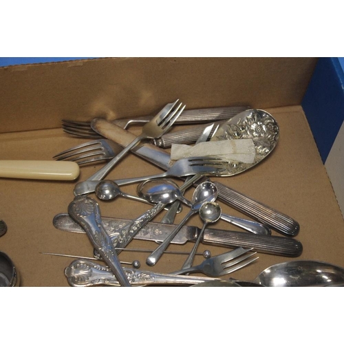 116 - A QUANTITY OF WHITE METAL FLATWARE, COINS ETC.