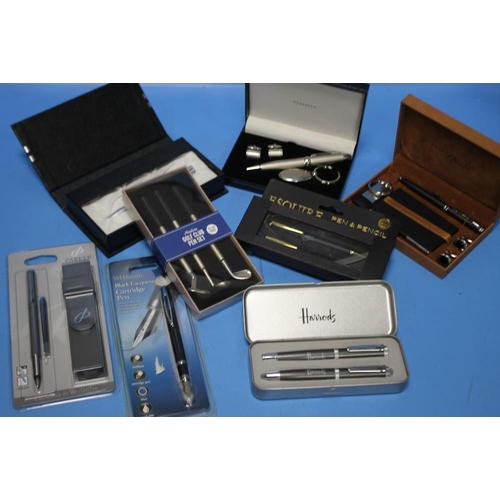 122 - A BOX OF PEN SETS INCLUDING HARRODS, ARTAMIS, ESQUIRE, PARKER, JASPER CONRAN ETC.