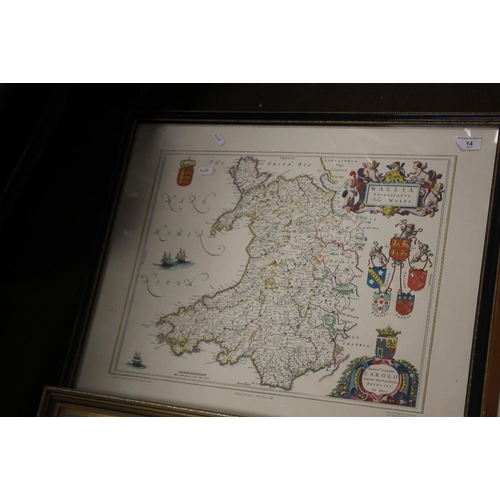 14 - FIVE FRAMED REPRODUCTION MAPS TO INCLUDE WALES, WORCESTER GREAT BRITAIN ETC THE LARGEST 65 X 52 CM