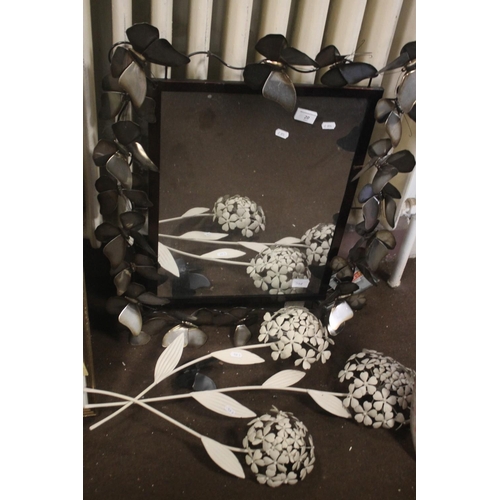 20 - A METAL FRAMED MIRROR A/F AND A METAL WALL ART OF FLOWERS