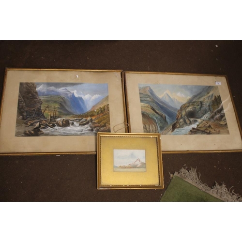 22 - A PAIR OF FRAMED PRINTS DEPICTING MOUNTAIN SCENES ONE A/F 66 50 CM TOGETHER WITH A GILT FRAMED PICTU... 