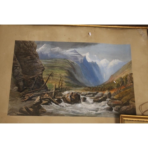 22 - A PAIR OF FRAMED PRINTS DEPICTING MOUNTAIN SCENES ONE A/F 66 50 CM TOGETHER WITH A GILT FRAMED PICTU... 