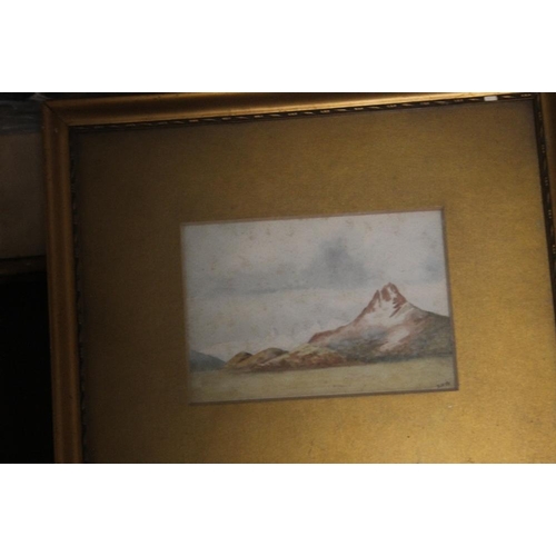 22 - A PAIR OF FRAMED PRINTS DEPICTING MOUNTAIN SCENES ONE A/F 66 50 CM TOGETHER WITH A GILT FRAMED PICTU... 