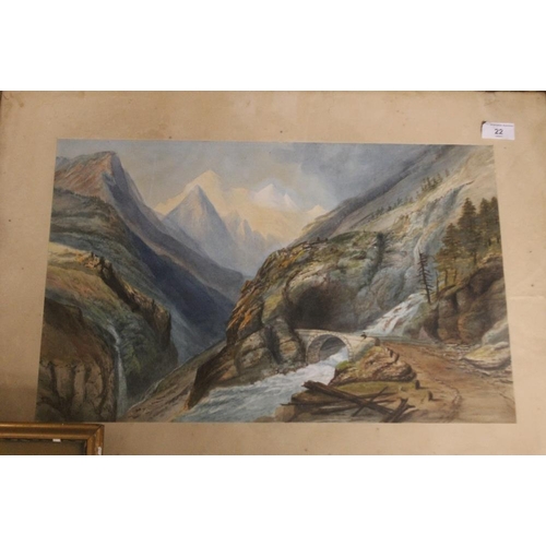 22 - A PAIR OF FRAMED PRINTS DEPICTING MOUNTAIN SCENES ONE A/F 66 50 CM TOGETHER WITH A GILT FRAMED PICTU... 