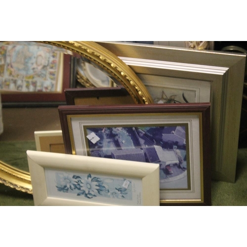 30 - A QUANTITY OF PICTURES AND PRINTS TOGETHER WITH A GILT OVAL MIRROR, 55 X 45 CM