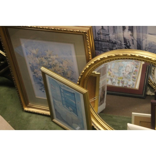 30 - A QUANTITY OF PICTURES AND PRINTS TOGETHER WITH A GILT OVAL MIRROR, 55 X 45 CM