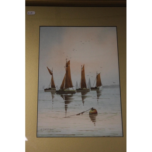 32 - A PAIR OF FRAMED AND GLAZED WATERCOLOURS OF SAILING BOATS SIGNED W. DAVIS, 57 X 45 CM