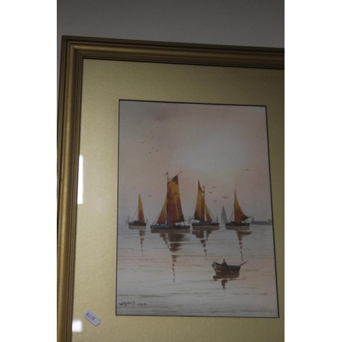 32 - A PAIR OF FRAMED AND GLAZED WATERCOLOURS OF SAILING BOATS SIGNED W. DAVIS, 57 X 45 CM