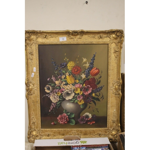 33 - A GILT FRAMED OIL ON CANVAS STILL LIFE OF FLOWERS, SIGNED JAMES NORTH, 65 X 54 CM