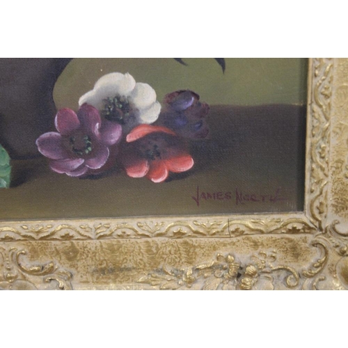 33 - A GILT FRAMED OIL ON CANVAS STILL LIFE OF FLOWERS, SIGNED JAMES NORTH, 65 X 54 CM