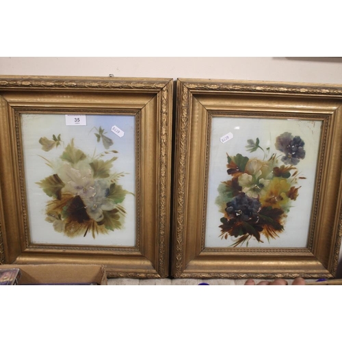 35 - A PAIR OF PAINTINGS ON GLASS IN GILT FRAMES, 40 X 35 CM