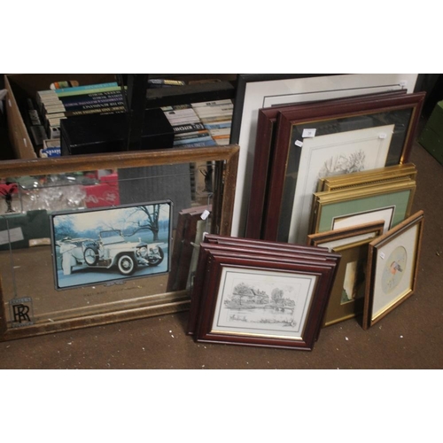 39 - A QUANTITY OF PICTURES AND PRINTS TOGETHER WITH A ROLLS ROYCE ADVERTISING MIRROR, (LOOSE FRAME)