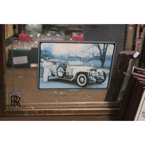 39 - A QUANTITY OF PICTURES AND PRINTS TOGETHER WITH A ROLLS ROYCE ADVERTISING MIRROR, (LOOSE FRAME)