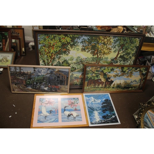 41 - FOUR FRAMED TAPESTRIES AND A WOOLWORK PICTURE, THE LARGEST 141 X 86 CM  (5)