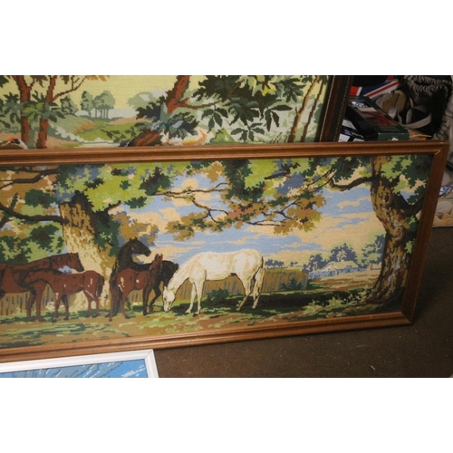 41 - FOUR FRAMED TAPESTRIES AND A WOOLWORK PICTURE, THE LARGEST 141 X 86 CM  (5)