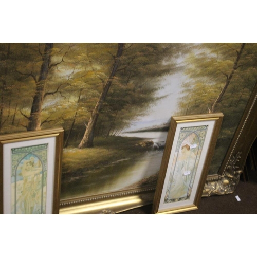 43 - A LARGE OIL ON CANVAS OF A COUNTRYSIDE SCENE IN GILT FRAME, 106 X 76 CM TOGETHER WITH A SMALL COLLEC... 