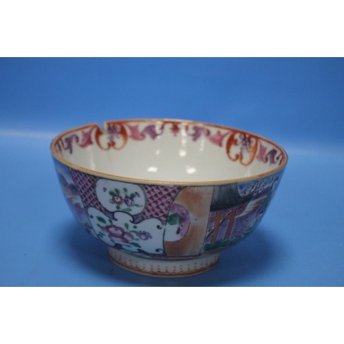 52 - A MANDARIN PALETTE CHINESE EXPORT FAMILLE PORCELAIN BOWL, DECORATED WITH PANELS OF FIGURES, DEPTH 14... 