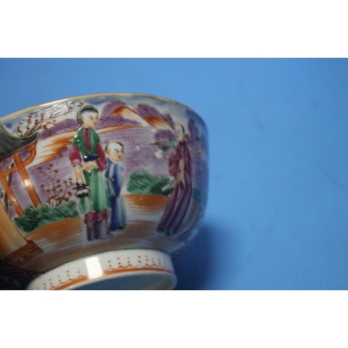 52 - A MANDARIN PALETTE CHINESE EXPORT FAMILLE PORCELAIN BOWL, DECORATED WITH PANELS OF FIGURES, DEPTH 14... 