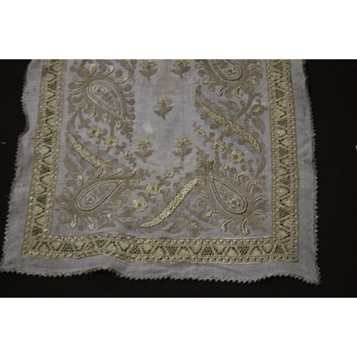 72 - AN ANTIQUE MIDDLE EASTERN DOWRY SHAWL/CLOTH DECORATED WITH HEAVY EMBROIDERED GOLD AND SILVER WIRE TH... 