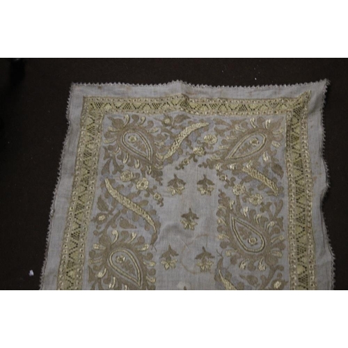 72 - AN ANTIQUE MIDDLE EASTERN DOWRY SHAWL/CLOTH DECORATED WITH HEAVY EMBROIDERED GOLD AND SILVER WIRE TH... 