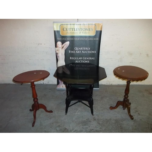 758 - TWO PEDESTAL WINE TABLES AND ANOTHER LARGER TABLE  (3)