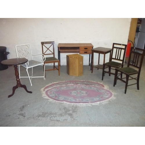 759 - A SELECTION OF TEN ITEMS TO INCLUDE A TEAK DESK, CHAIRS, TABLES AND TWO RUGS