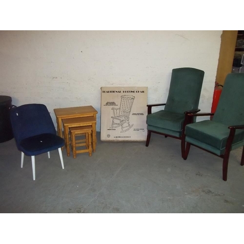 760 - FIVE ITEMS TO INCUDE TWO EASY CHAIRS, A BOXED ROCKING CHAIR, AND A NEST OF TABLES (5)