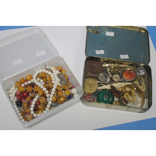 88 - TWO SMALL TUBS OF COSTUME JEWELLERY TO INCLUDE NECKLACES, BRACELETS, WATCH FACES ETC.