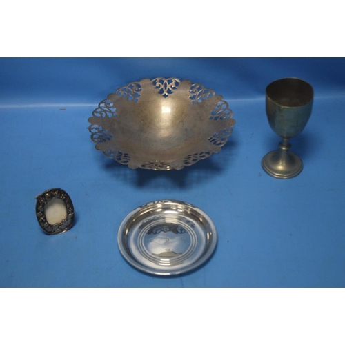 1 - A HALLMARKED SILVER DISH together with a white metal picture frame, trophy etc.