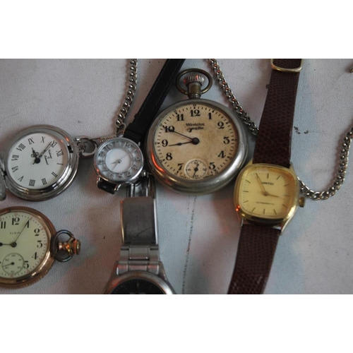 19 - AN ELGIN GOLD PLATED HUNTER POCKET WATCH and two others together with a small quantity of wrist watc... 