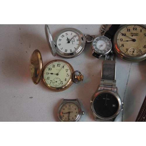 19 - AN ELGIN GOLD PLATED HUNTER POCKET WATCH and two others together with a small quantity of wrist watc... 