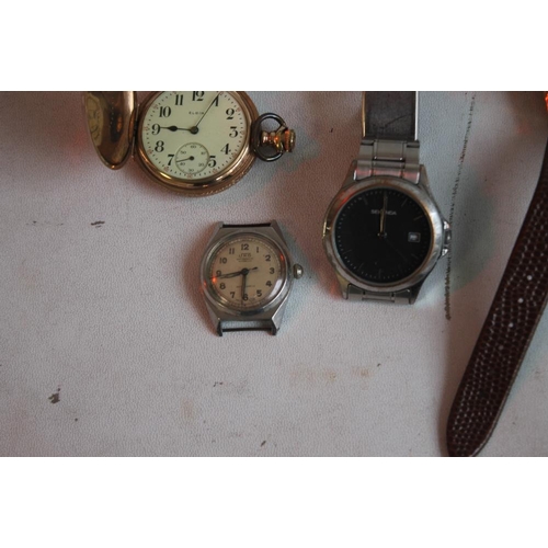 19 - AN ELGIN GOLD PLATED HUNTER POCKET WATCH and two others together with a small quantity of wrist watc... 