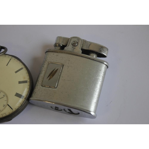 21 - A HALLMARKED SILVER OPEN FACE POCKET WATCH, together with a Roamer Anfibio wrist watch, cigarette li... 