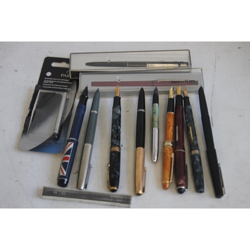 33 - A SELECTION OF PENS, to include Osmiroid, Parker, Papermate etc and a mother-of-pearl handled dip pe... 