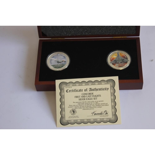 42 - CONCORDE FIRST AND LAST FLIGHT SILVER 1OZ EAGLE COIN PAIR, in case of issue with certificate of auth... 