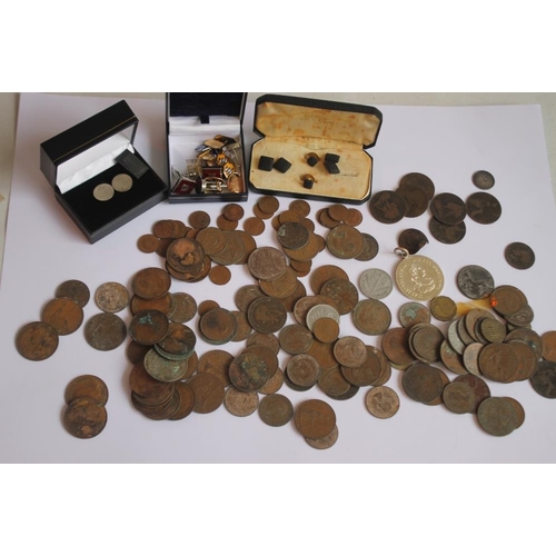 46 - A QUANTITY OF BRITISH PRE DECIMAL COINS, and a selection of cuff links