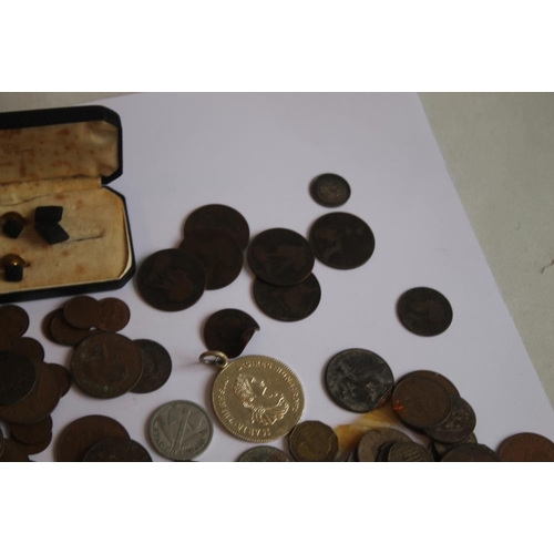 46 - A QUANTITY OF BRITISH PRE DECIMAL COINS, and a selection of cuff links