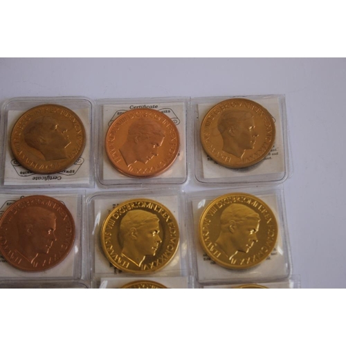 52 - A COLLECTION OF EDWARD VIII REPLICA/FANTASY CROWN SIZE COINS, in bronze, golden alloy etc