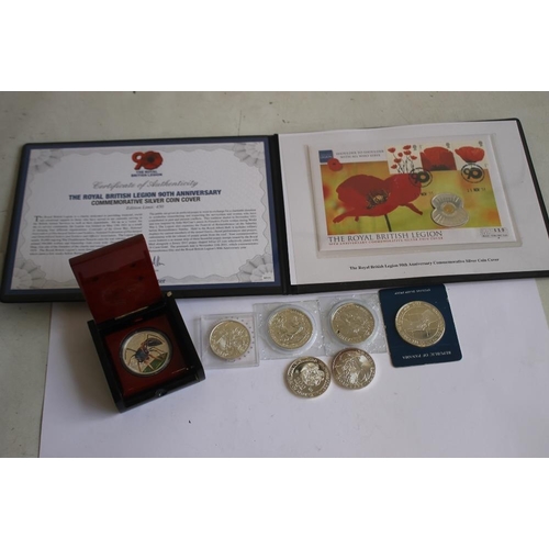 55 - A COLLECTION OF MODERN SILVER COMMEMORATIVE COINS, to include a British Legion 2011 silver £5 poppy ... 