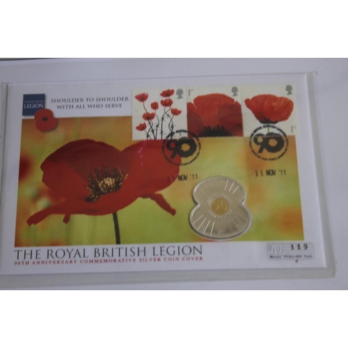 55 - A COLLECTION OF MODERN SILVER COMMEMORATIVE COINS, to include a British Legion 2011 silver £5 poppy ... 