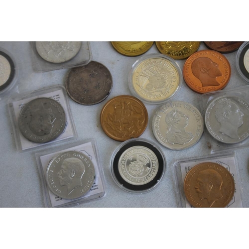 63 - A COLLECTION OF REPLICA AND FANTASY COINS, to include a 12 cm 1797 cartwheel coin, various issues re... 