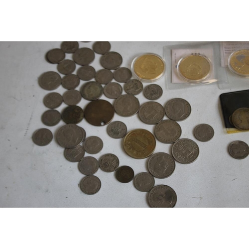 68 - A BOX OF COINS TO INCLUDE THREE GOLD PLATED GIBRALTA CROWNS, a Silver Jubilee crown, seven half crow... 