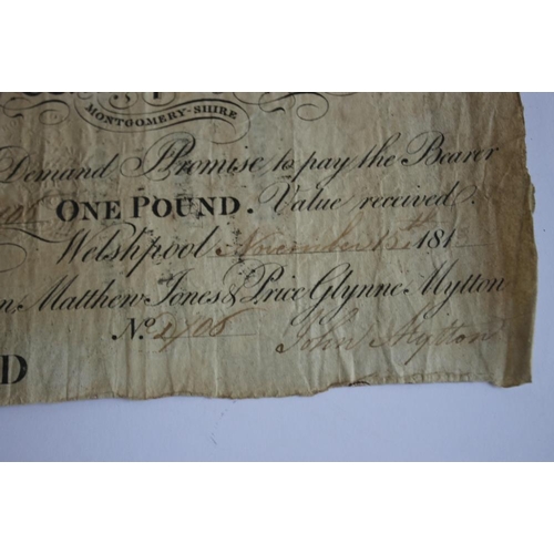 71 - WELSHPOOL BANK FOR JOHN MYTTON MATTHEW JONES AND PRICE GLYNNE MYTTON, £1 one pound note dated 15th N... 