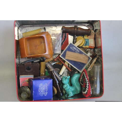 9 - A BOX OF CURIOS, to include 16 compacts, enamel pin badges, pen knives, compass etc