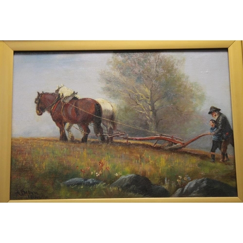 2 - A FRAMED BRITISH SCHOOL OIL ON CANVAS OF A PLOUGHING SCENE DATED 1914 SIGNED TO THE LOWER LEFT POSSI... 