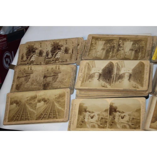 270 - A BOX OF VINTAGE STEREOSCOPE CARDS, to include monuments, landscapes etc including coloured examples