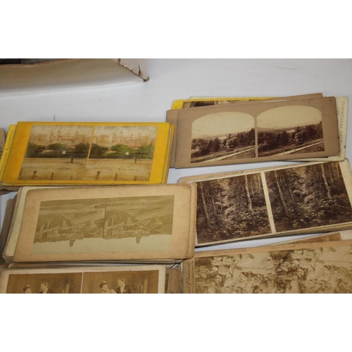 270 - A BOX OF VINTAGE STEREOSCOPE CARDS, to include monuments, landscapes etc including coloured examples