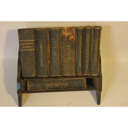 30 - AN OAK MINIATURE BOOKSHELF WITH SET OF ASPREY & CO. LTD. REFERENCE LIBRARY BOOKS, comprising Encyclo... 